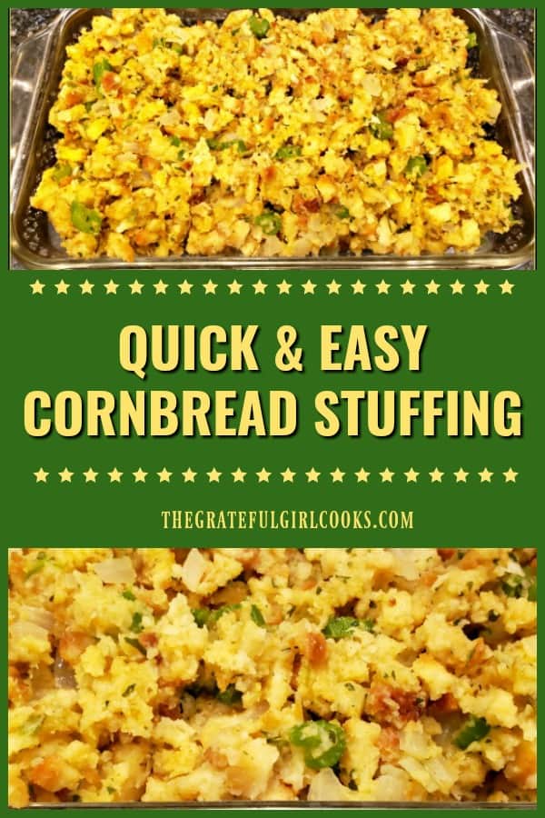 Make this flavorful, quick easy cornbread stuffing as a side dish for the holidays (or any MEAL)! This savory dish can be made in 10 minutes, a real timesaver!