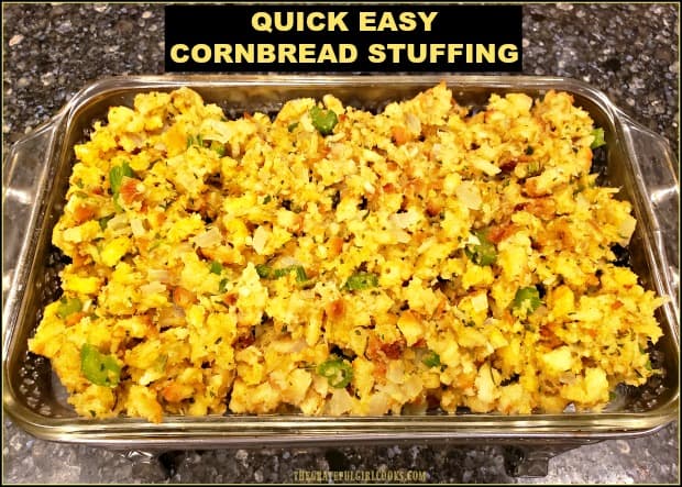 Make this flavorful, quick easy cornbread stuffing as a side dish for the holidays (or any MEAL)! This savory dish can be made in 10 minutes, a real timesaver!
