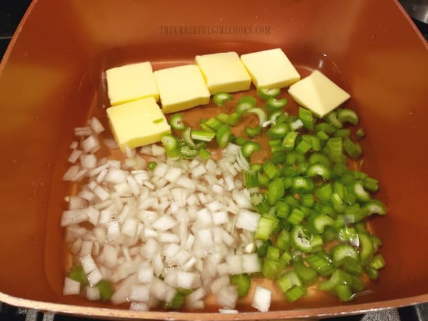 Cooking onions, butter and celery for quick easy cornbread stuffing.