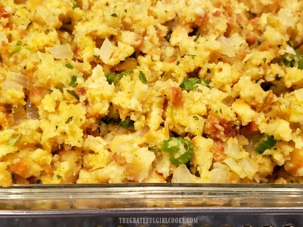 Close up photo of easy cornbread stuffing in serving dish.