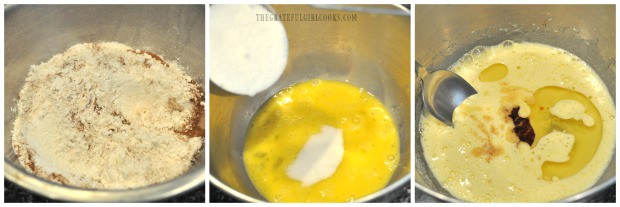 Mixing dry ingredients, then adding eggs, sugar and vanilla to better for mini zucchini loaves.