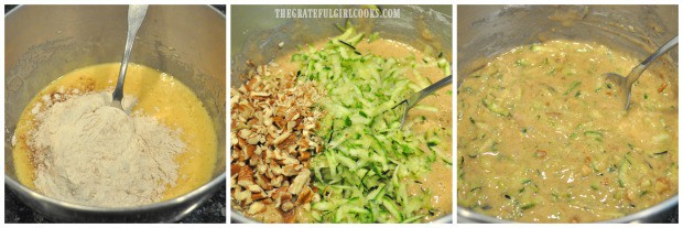 Adding dry ingredients, zucchini and nuts to batter for mini zucchini loaves.