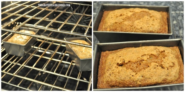 Baking mini zucchini loaves in oven and 2 finished loaves, out of oven.