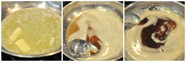 3 photos showing how to brown butter for the icing for mini zucchini loaves.