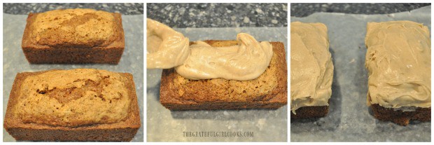 Two mini zucchini loaves are topped with browned butter icing.