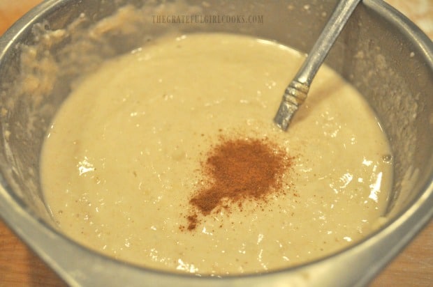 Cinnamon is added to the apple pie pancakes batter.