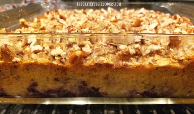 A side view of blueberry baked oatmeal, right after it comes out of the oven.