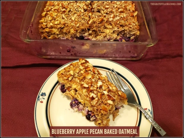 Blueberry Apple Pecan Baked Oatmeal is a filling, incredible tasting breakfast dish, with rolled oats, apples, crunchy pecans, and juicy blueberries!