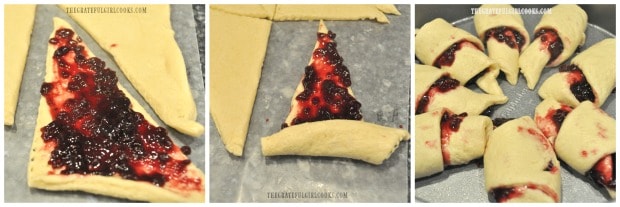 Jam is spread onto each dough triangle then rolled up and placed in baking pan, for crescent roll coffeecake.