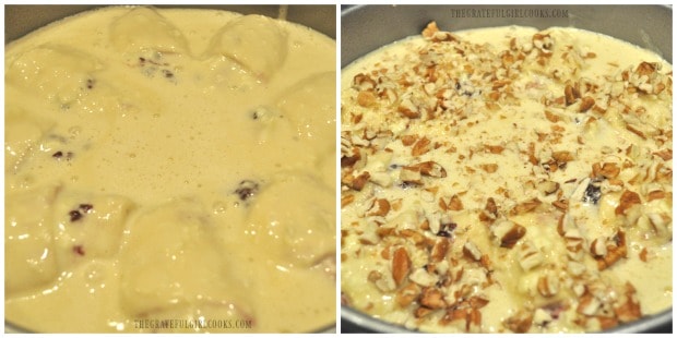 Batter is poured over the crescent roll coffeecake, then it is topped with nuts before baking.