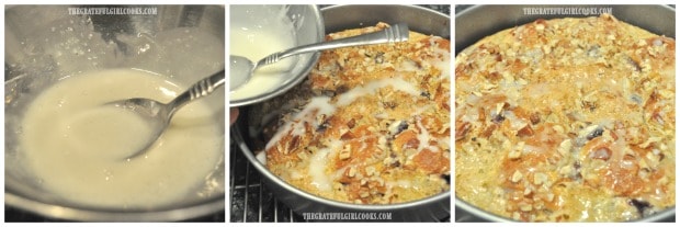 Powdered sugar glaze is mixed up, then drizzled over the top of the crescent roll coffeecake.