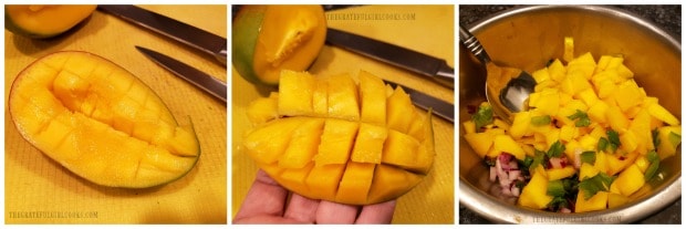 Cutting mango into cubes to make salsa for dover sole fillets.