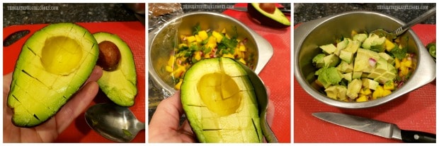 Cutting avocado into cubes to add to mango salsa for dover sole fillets.