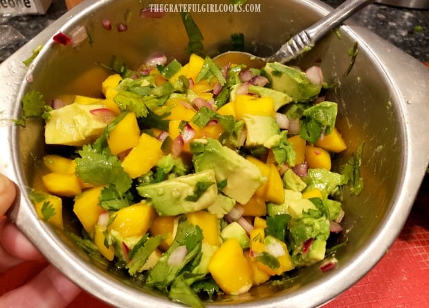 Mango avocado salsa, which will top the cooked dover sole fillets.