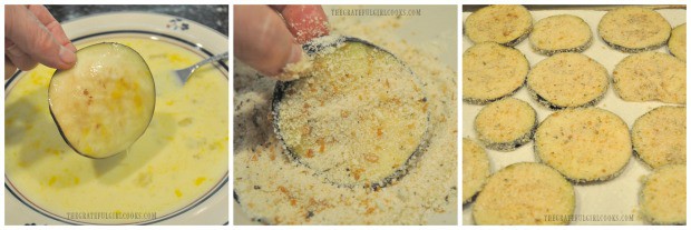 Eggplant slices are dipped in egg, then seasoned breadcrumbs, to make eggplant parmesan,