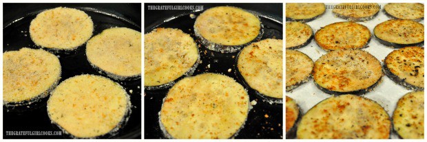 Eggplant slices are cooked on both sides to prepare them to make eggplant parmesan,