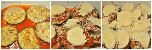 Eggplant parmesan has layers of sauce, eggplant, and cheeses,