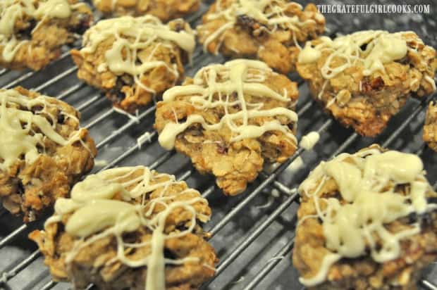 Oatmeal cranberry pecan cookies on wire rack, ready to eat!