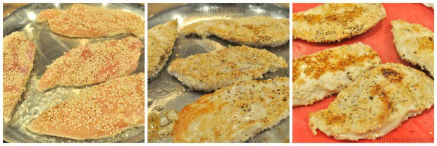 Boneless chicken breasts, coated in sesame seeds are pan seared for sesame chicken salad.