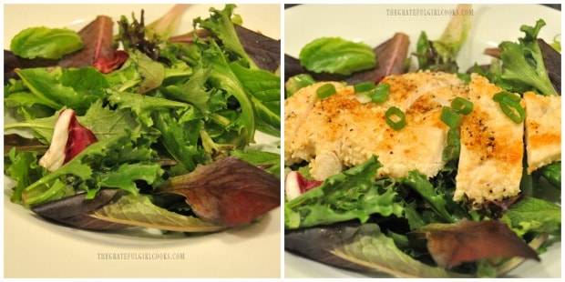 Salad greens arranged in bowl, then topped with sliced sesame chicken and green onions.