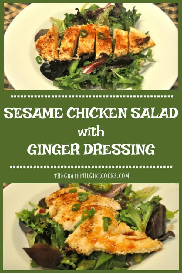  This delicious Asian-inspired Sesame Chicken Salad features pan seared sesame crusted chicken breasts, on spring greens, topped w/ a ginger salad dressing!