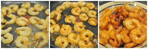 The sesame shrimp is cooked in skillet, then removed from pan.