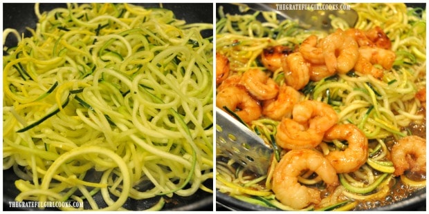 Zoodles are added to skillet, along with sesame shrimp and Asian sauce.