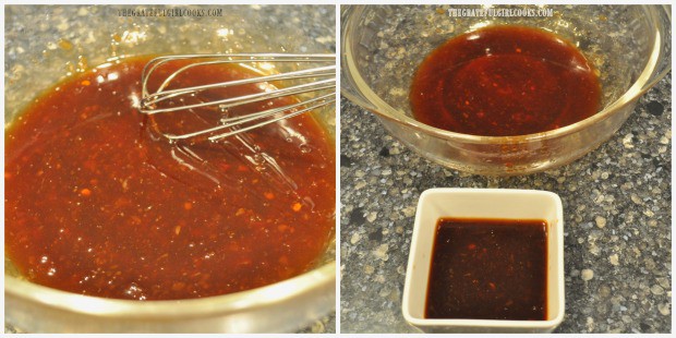 Sweet chili sesame sauce is used to marinate shrimp for sesame shrimp zoodles.