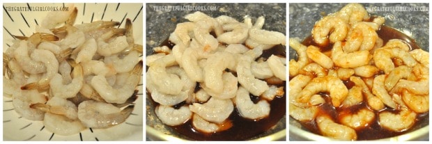 Shrimp is cleaned, tails removed, then marinated in sweet chili sesame sauce for zoodles.