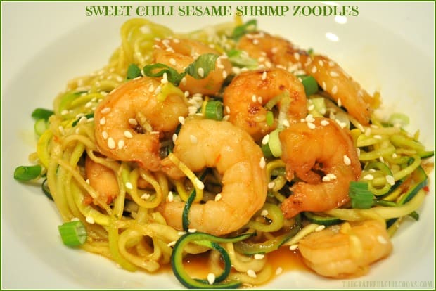 Sweet Chili Sesame Shrimp Zoodles, with shrimp in an Asian-inspired sauce on spiralized zucchini noodles, is a delicious, low calorie dish!