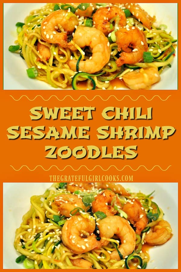 Sweet Chili Sesame Shrimp Zoodles, with shrimp in an Asian-inspired sauce on spiralized zucchini noodles, is a delicious, low calorie dish!
