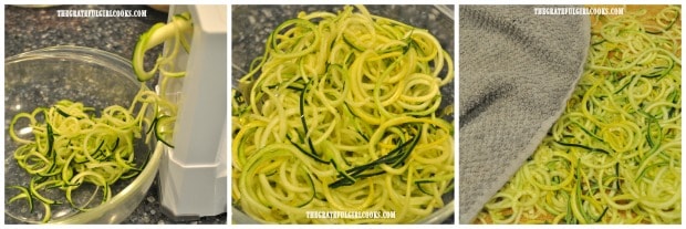 Zucchini is spiralized then patted dry to sweet chili sesame shrimp zoodles.