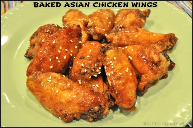 Baked Asian Chicken Wings are seasoned with spice rub, baked, then glazed with a sticky soy/Sriracha/sesame sauce before serving!