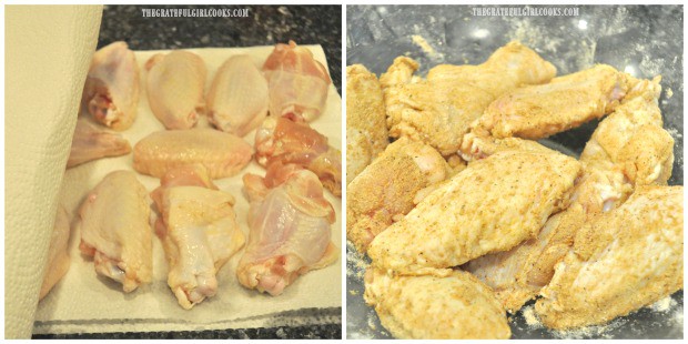 Chicken wings are patted dry, then coated with dry rub spices before baking.