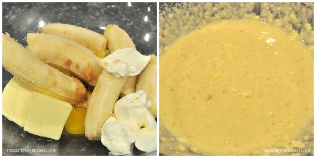 Bananas, eggs, butter, sour cream, etc. are mixed together for batter for banana chocolate chip muffins.