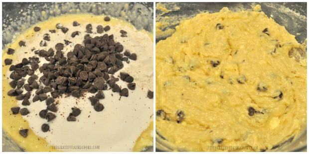 Flour, sugar, soda and chocolate chips are mixed into banana chocolate chip muffins batter.