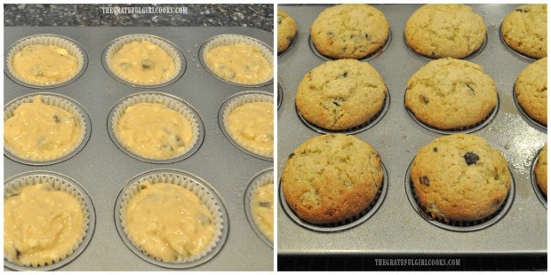 Banana chocolate chip muffins are prepared in muffin tins, then baked until golden brown.