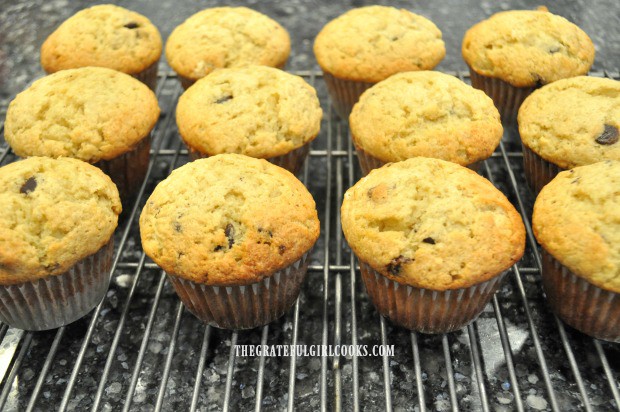 The banana chocolate chip muffins, cooling on a wire rack after baking.