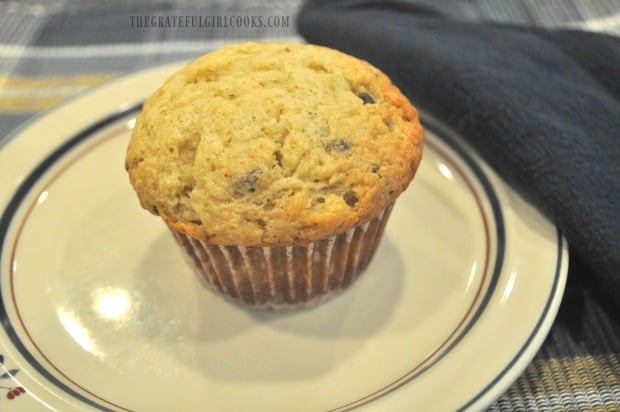 One of the banana chocolate chip muffins, on a plate, ready to be eaten.