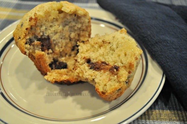 One of the banana chocolate chip muffins, sliced in half to show the inside.