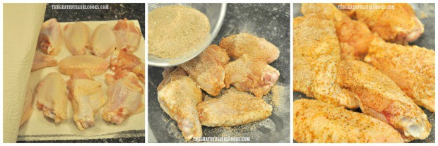 Chicken wings are patted dry, then seasoned, to make buffalo honey hot wings.