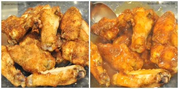 The prepared sauce is poured over the baked buffalo honey hot wings before serving.