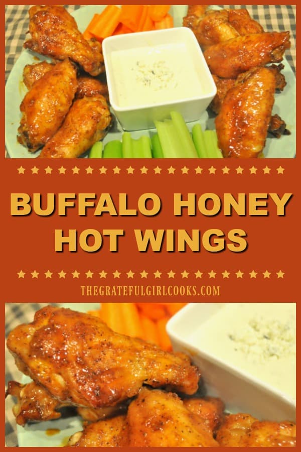 Buffalo Honey Hot Wings are the perfect appetizer for a crowd! Yummy chicken wings are covered in a mild buffalo honey sauce, and are baked, not fried!