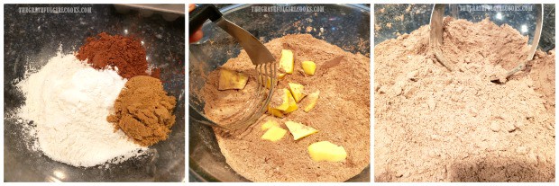 Mixing ingredients with butter to make double chocolate scones.