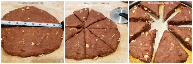 The double chocolate scones dough is rolled into a 9 inch circle, then cut into 8 pieces.