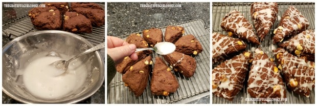 A powdered sugar glaze is drizzled over the baked double chocolate scones before serving.