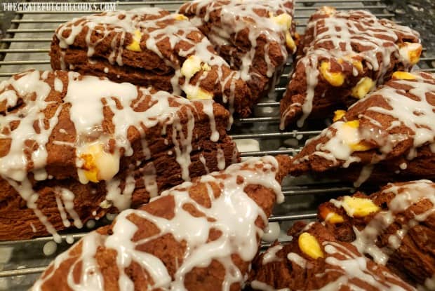 The glaze on top is allowed to firm up, before serving the double chocolate scones.