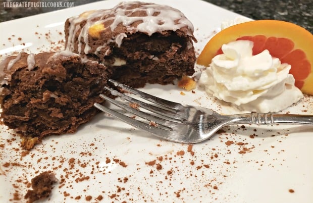 The double chocolate scone is cut in half to reveal the inside.