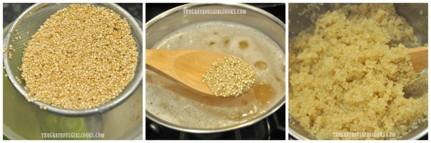 Quinoa is rinsed, then cooked to prepare it for cranberry orange quinoa salad.