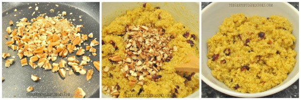 Chopped pecans are toasted, then added to the cranberry orange quinoa salad.